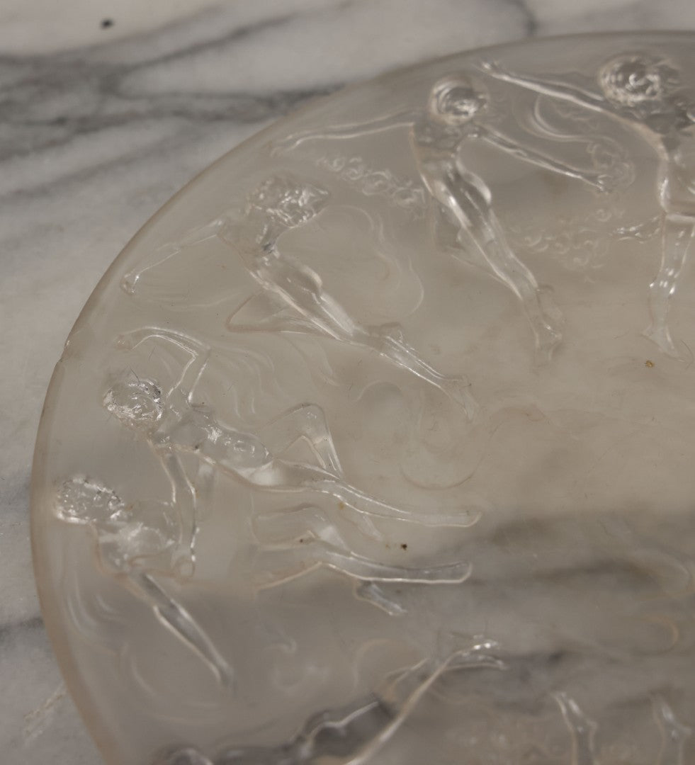 Lot 098 - Vintage Art Deco Frosted Glass Dancing Nymphs Tray Plate, Phoenix Consolidated Glass, Note Chips