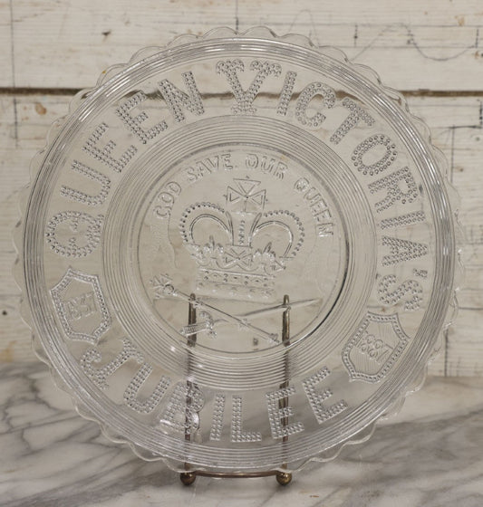 Lot 099 - Antique Pressed Glass Queen Victoria Jubilee Commemorative Plate, 1837-1887, "God Save The Queen"