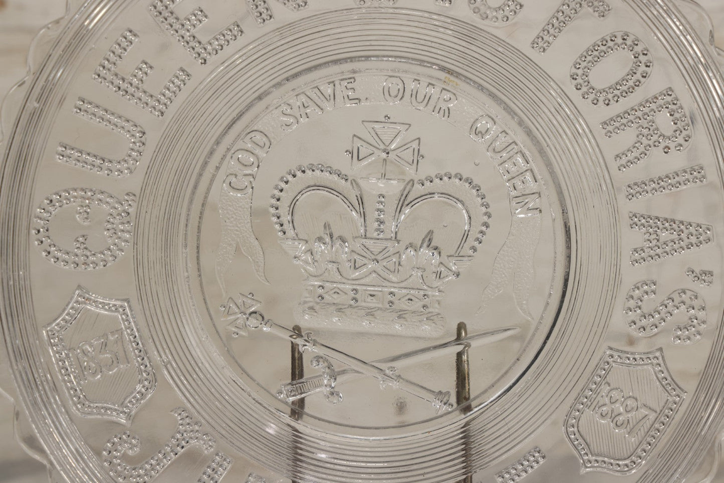 Lot 099 - Antique Pressed Glass Queen Victoria Jubilee Commemorative Plate, 1837-1887, "God Save The Queen"