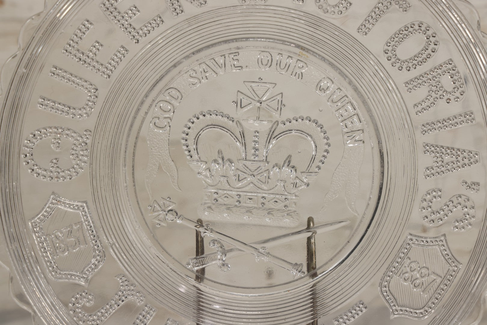 Lot 099 - Antique Pressed Glass Queen Victoria Jubilee Commemorative Plate, 1837-1887, "God Save The Queen"