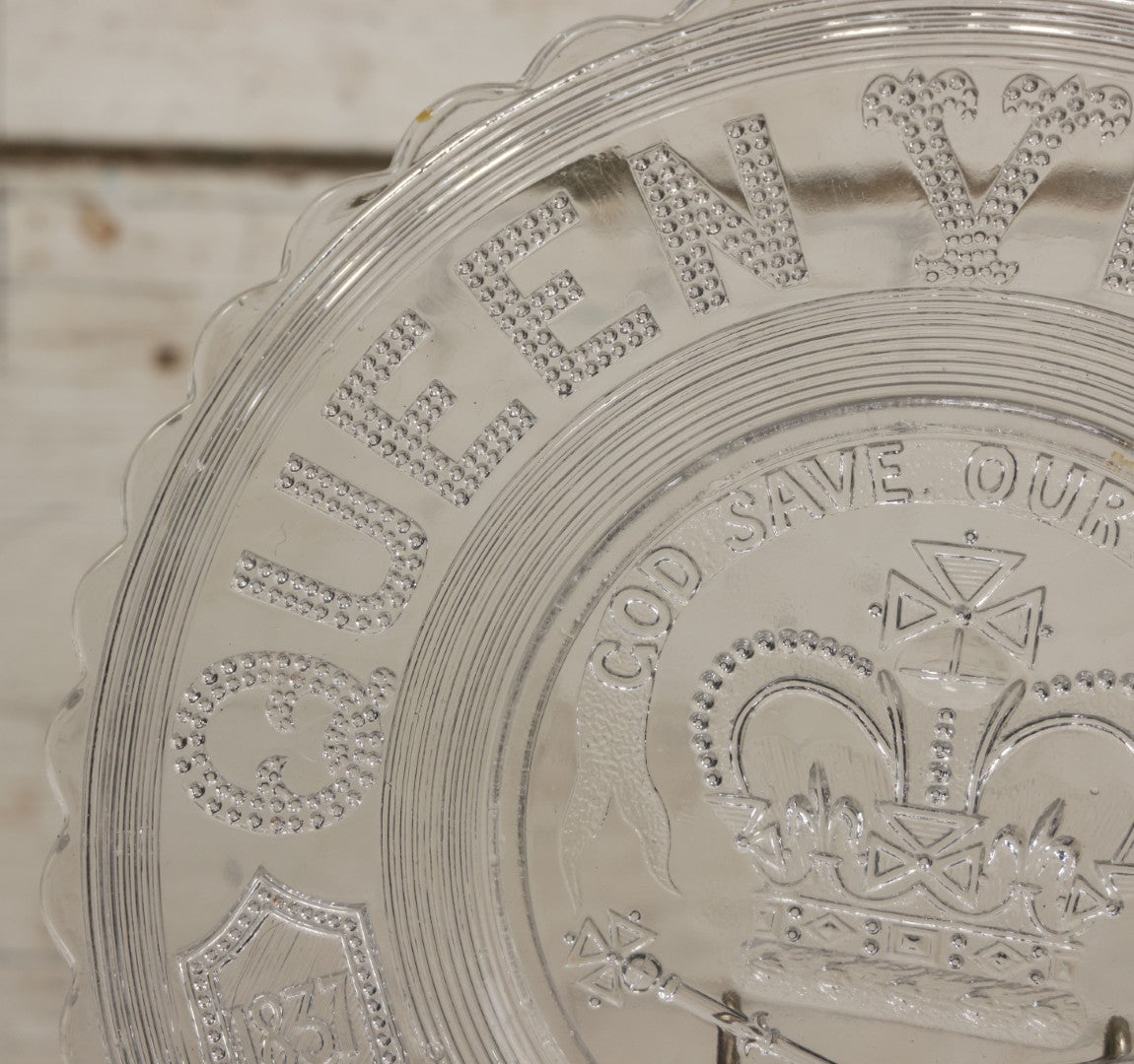 Lot 099 - Antique Pressed Glass Queen Victoria Jubilee Commemorative Plate, 1837-1887, "God Save The Queen"