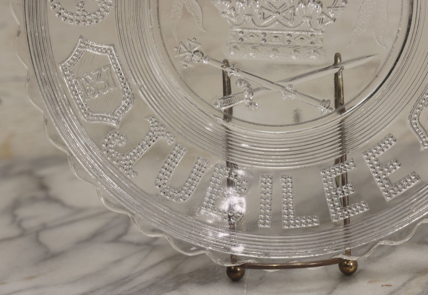 Lot 099 - Antique Pressed Glass Queen Victoria Jubilee Commemorative Plate, 1837-1887, "God Save The Queen"