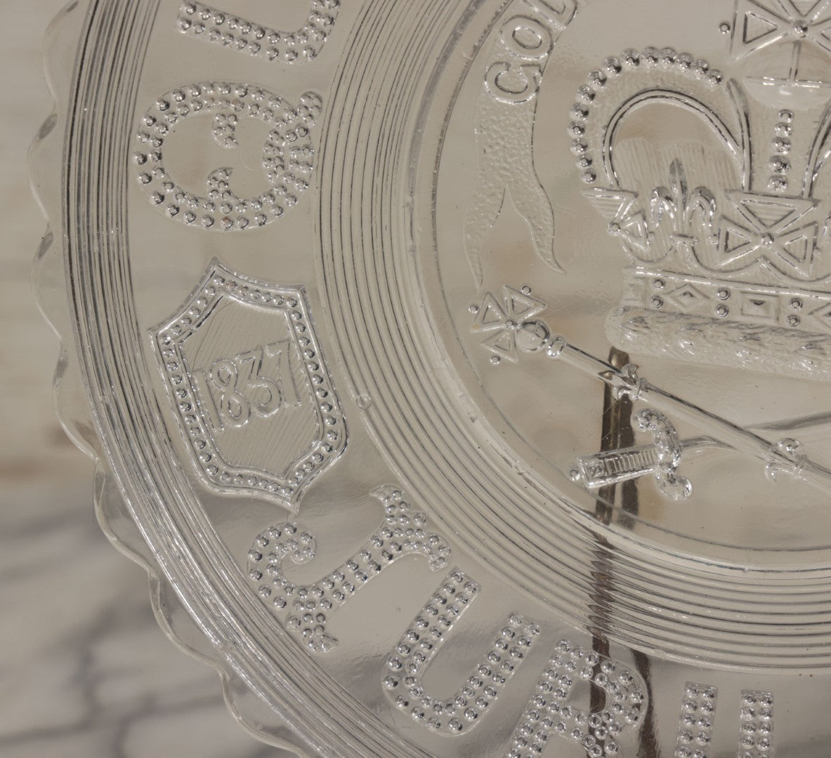 Lot 099 - Antique Pressed Glass Queen Victoria Jubilee Commemorative Plate, 1837-1887, "God Save The Queen"