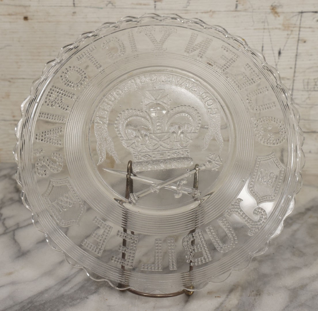 Lot 099 - Antique Pressed Glass Queen Victoria Jubilee Commemorative Plate, 1837-1887, "God Save The Queen"