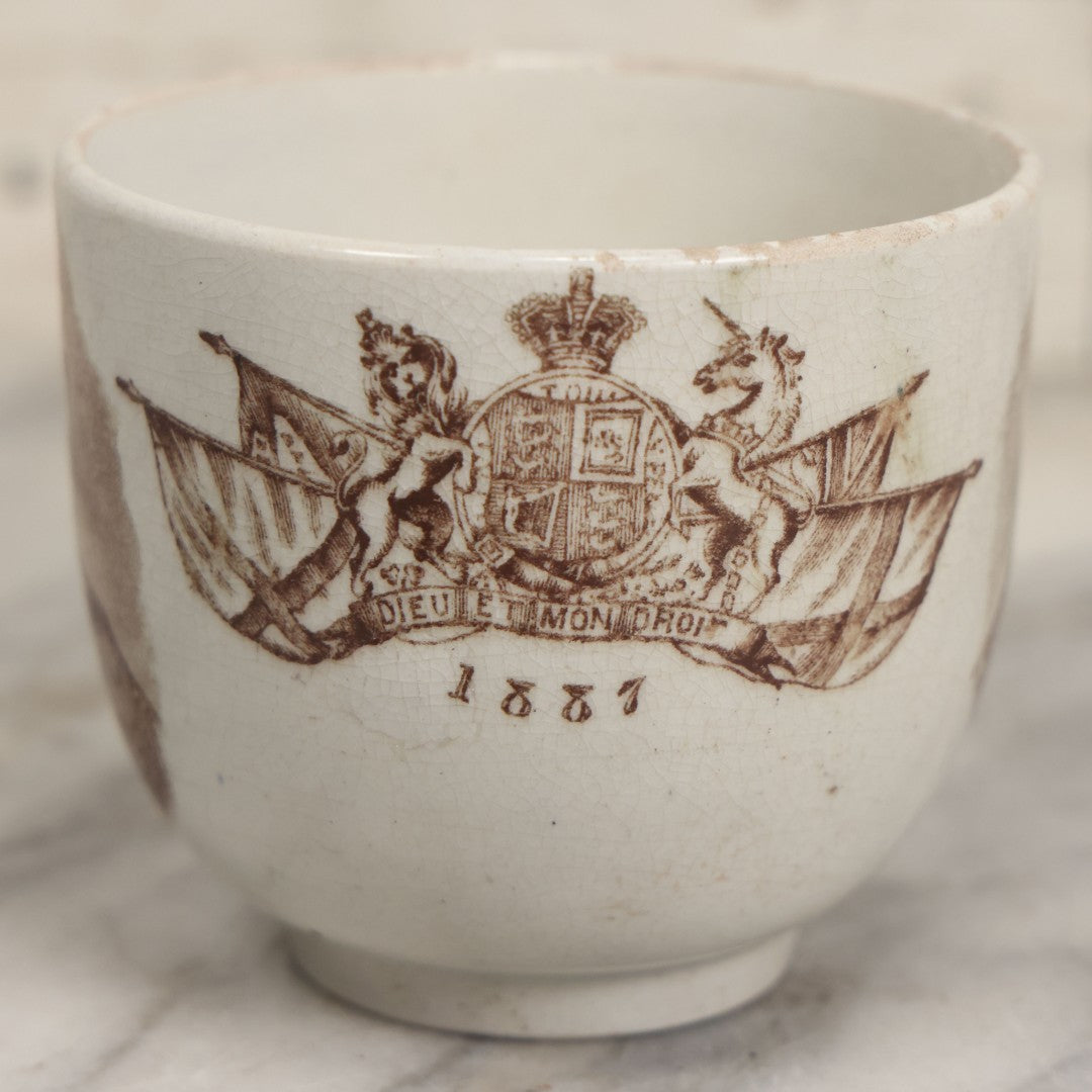 Lot 100 - Antique Transferware Queen Victoria Jubilee Commemorative Teacup, 1887, With Portrait, Note Chips, Cracks
