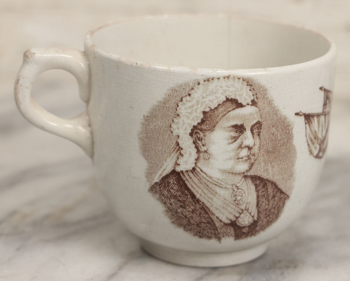 Lot 100 - Antique Transferware Queen Victoria Jubilee Commemorative Teacup, 1887, With Portrait, Note Chips, Cracks