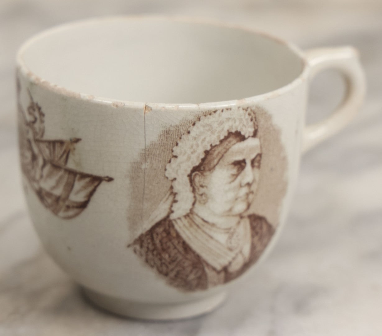Lot 100 - Antique Transferware Queen Victoria Jubilee Commemorative Teacup, 1887, With Portrait, Note Chips, Cracks
