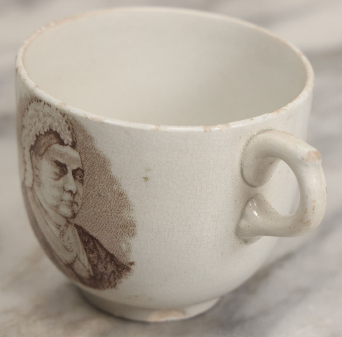 Lot 100 - Antique Transferware Queen Victoria Jubilee Commemorative Teacup, 1887, With Portrait, Note Chips, Cracks