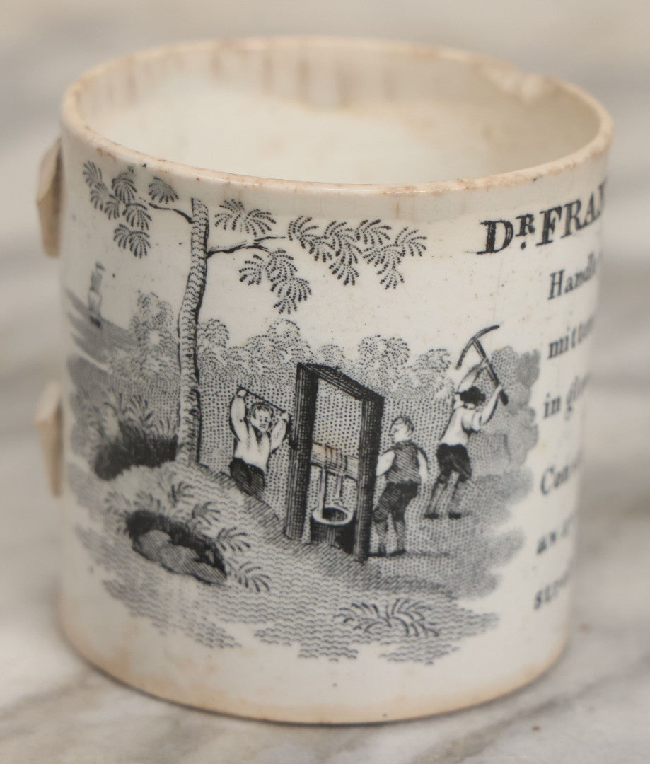 Lot 102 - Antique Transferware Dr. Franklin's Maxims Children's Teacup, Note Damage, Missing Handle