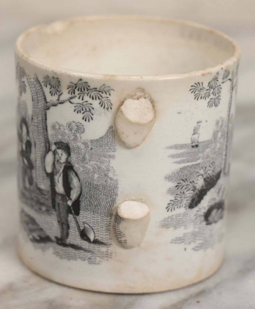 Lot 102 - Antique Transferware Dr. Franklin's Maxims Children's Teacup, Note Damage, Missing Handle