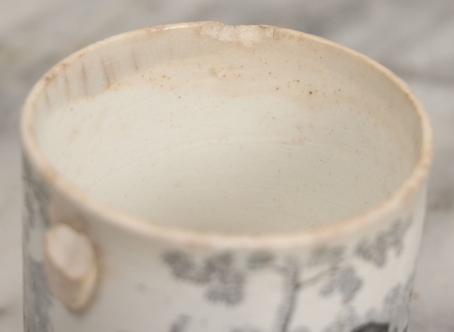 Lot 102 - Antique Transferware Dr. Franklin's Maxims Children's Teacup, Note Damage, Missing Handle