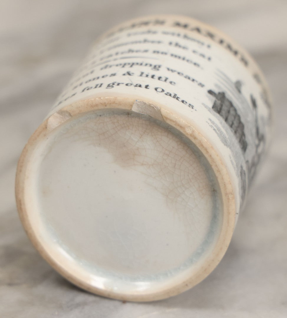 Lot 102 - Antique Transferware Dr. Franklin's Maxims Children's Teacup, Note Damage, Missing Handle