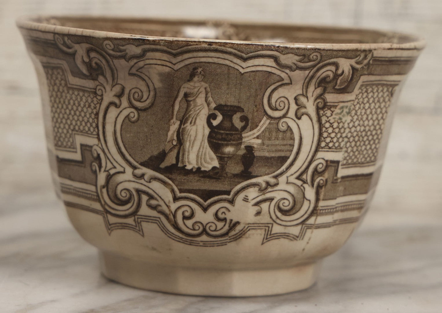 Lot 103 - Antique Transferware Bow With Woman And Urn Motifs