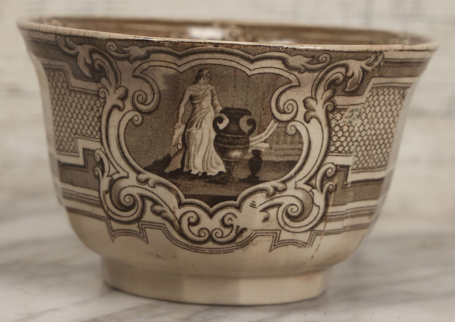 Lot 103 - Antique Transferware Bow With Woman And Urn Motifs