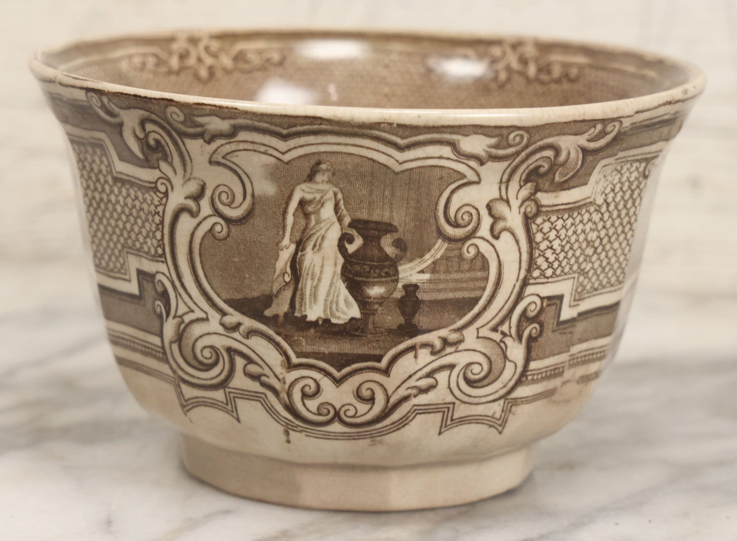 Lot 103 - Antique Transferware Bow With Woman And Urn Motifs