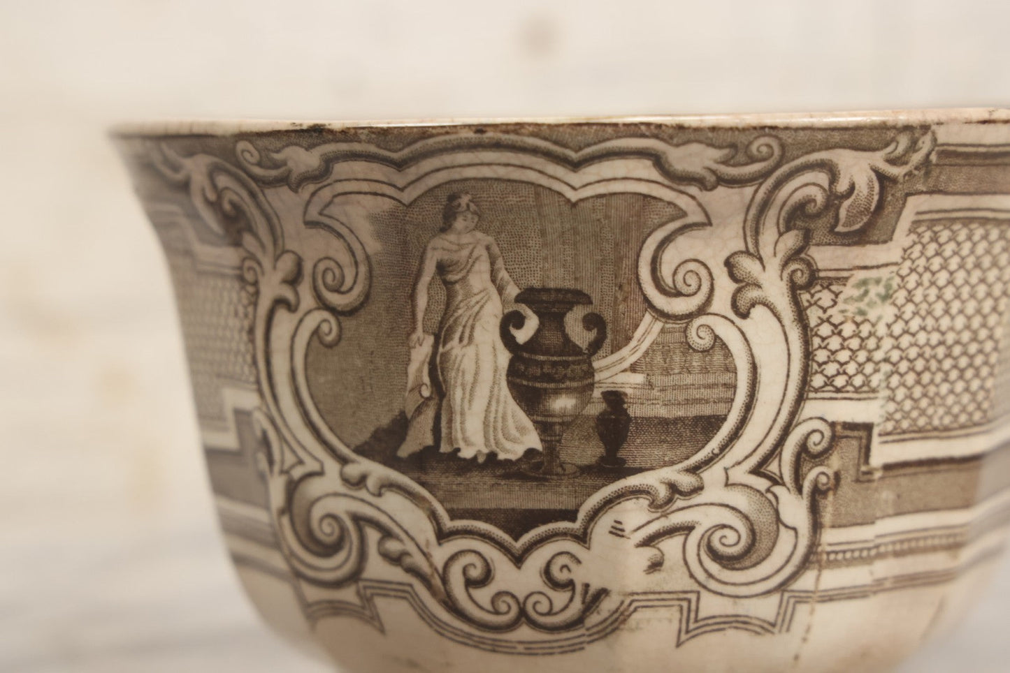 Lot 103 - Antique Transferware Bow With Woman And Urn Motifs