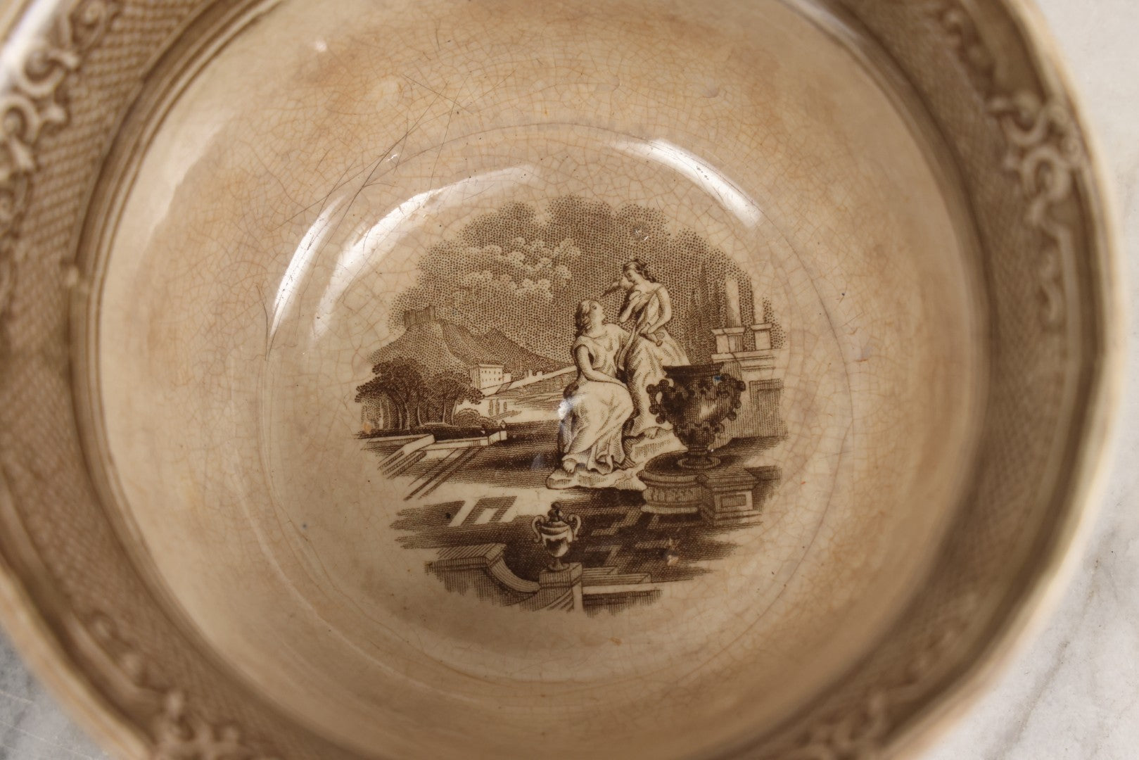 Lot 103 - Antique Transferware Bow With Woman And Urn Motifs