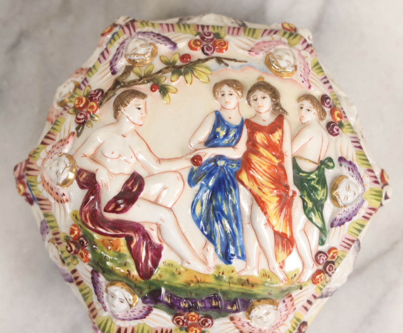 Lot 105 -  Vintage Capodimonte Style Porcelain Lidded Box With Three Graces Relief And Cherub Masks