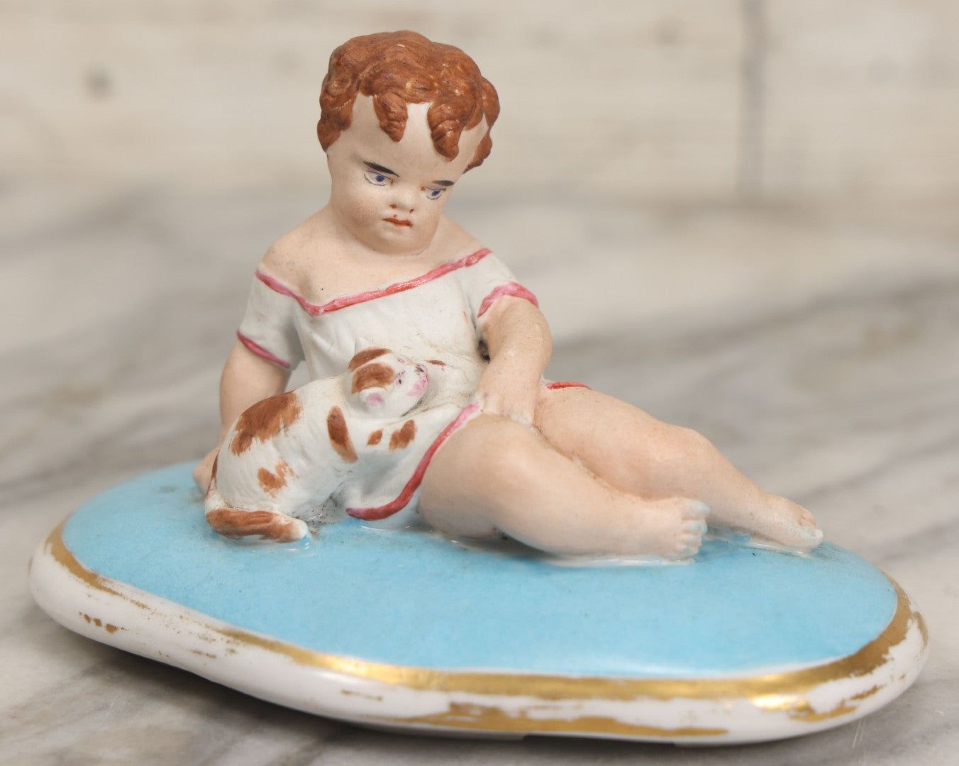 Lot 107 - Antique Porcelain Dresser Box Lid With Child And Kitten Figural Motif