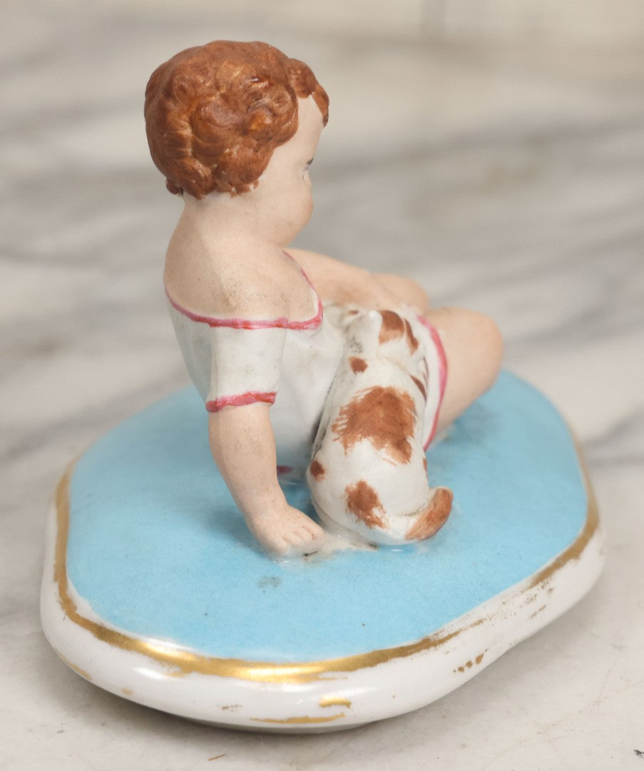 Lot 107 - Antique Porcelain Dresser Box Lid With Child And Kitten Figural Motif