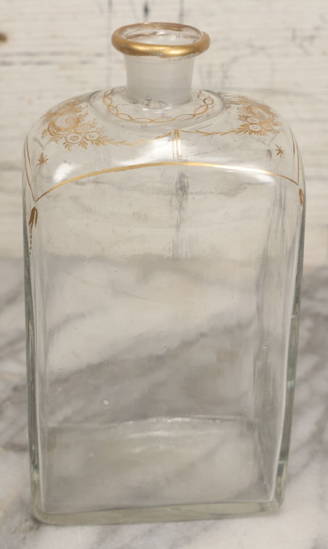 Lot 110 - Antique Hand Blown Glass Bottle, Gold Paint Detailing, Pontil Mark, No Stopper