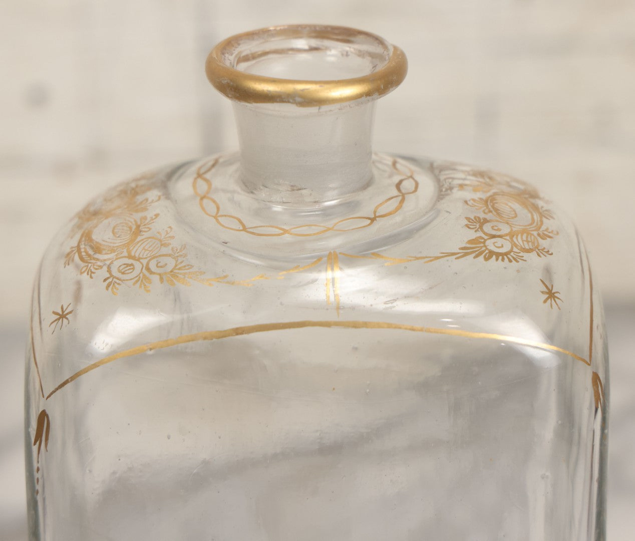 Lot 110 - Antique Hand Blown Glass Bottle, Gold Paint Detailing, Pontil Mark, No Stopper