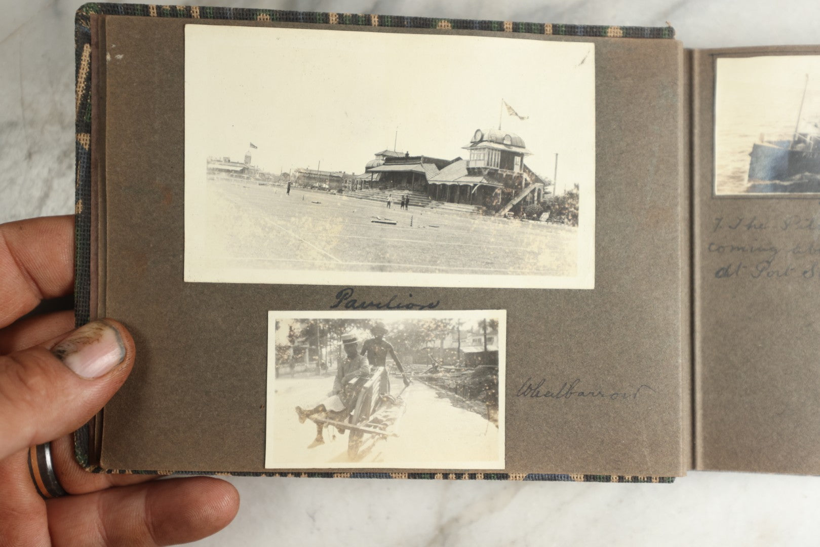 Lot 113 - Antique Snapshot Photo Album With Cloth Cover, Containing Approximately 75 Photographs With Captions, Mostly Of Travel, Including To Sea Travel, Locations In Asia, Sail Boats In Suez Canal, Singapore, Hong Kong, And More, Circa 1920s