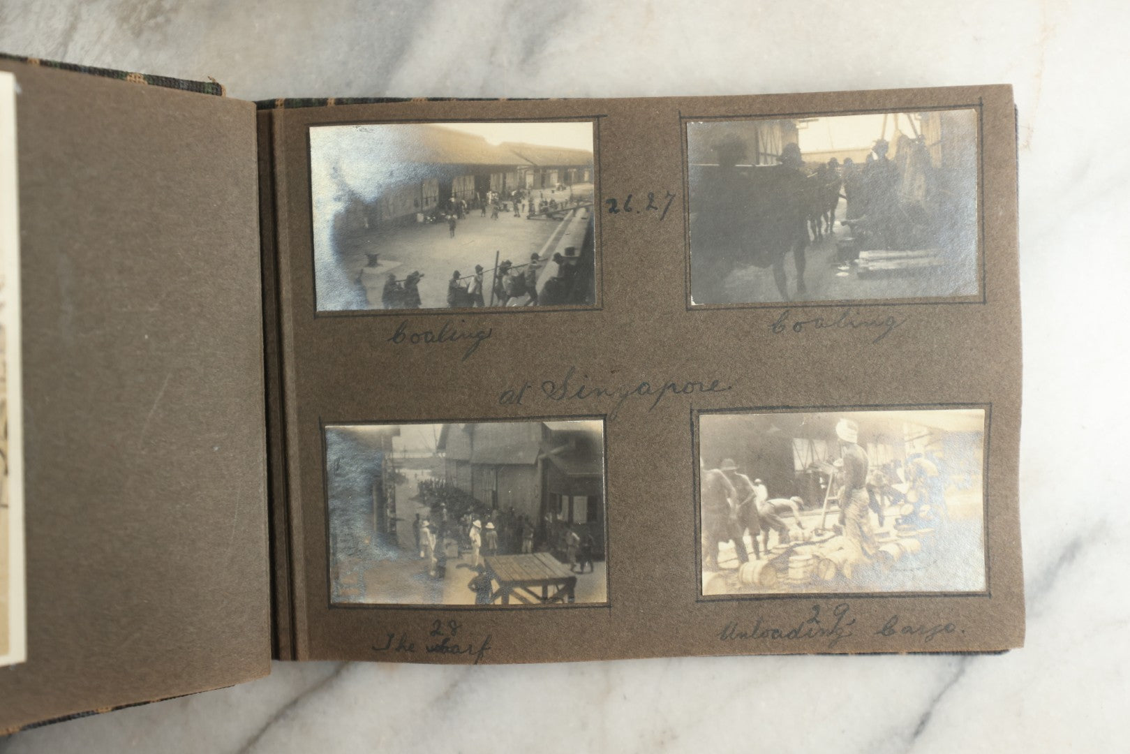 Lot 113 - Antique Snapshot Photo Album With Cloth Cover, Containing Approximately 75 Photographs With Captions, Mostly Of Travel, Including To Sea Travel, Locations In Asia, Sail Boats In Suez Canal, Singapore, Hong Kong, And More, Circa 1920s