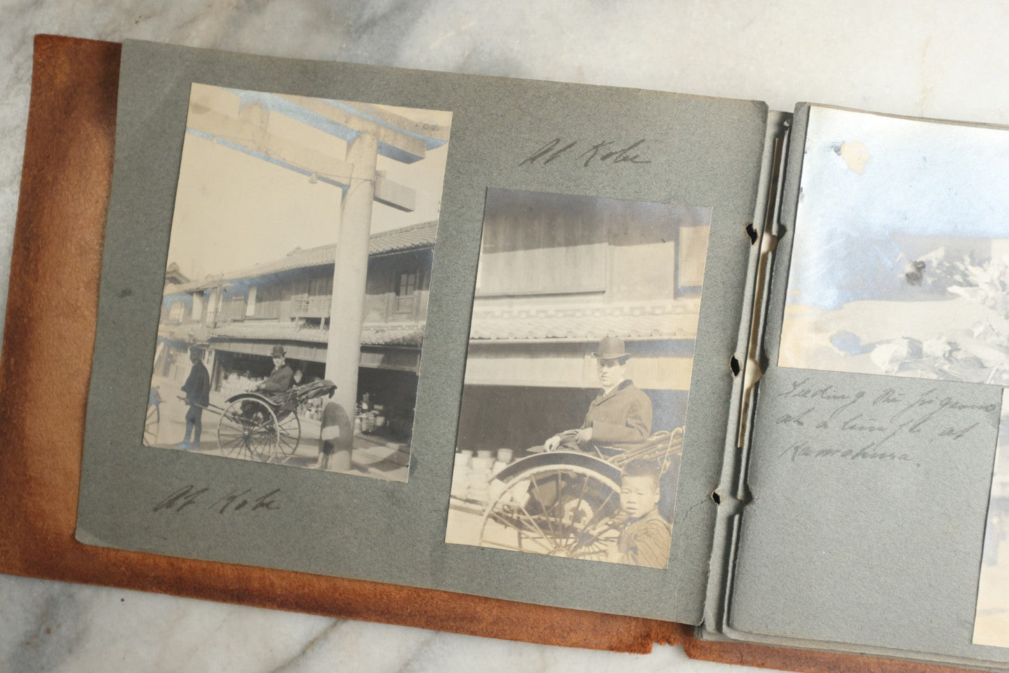Lot 114 - Antique Snapshot Photo Album With Leather Southwestern Cover, Containing Approximately 50 Photographs With Captions, Mostly Of Travel, Including To Japan, Asia, Photo Of Ship Captain, And More, Circa 1905