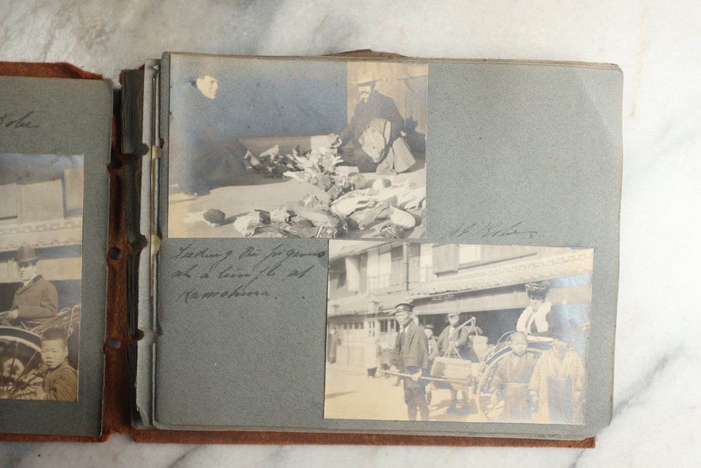 Lot 114 - Antique Snapshot Photo Album With Leather Southwestern Cover, Containing Approximately 50 Photographs With Captions, Mostly Of Travel, Including To Japan, Asia, Photo Of Ship Captain, And More, Circa 1905