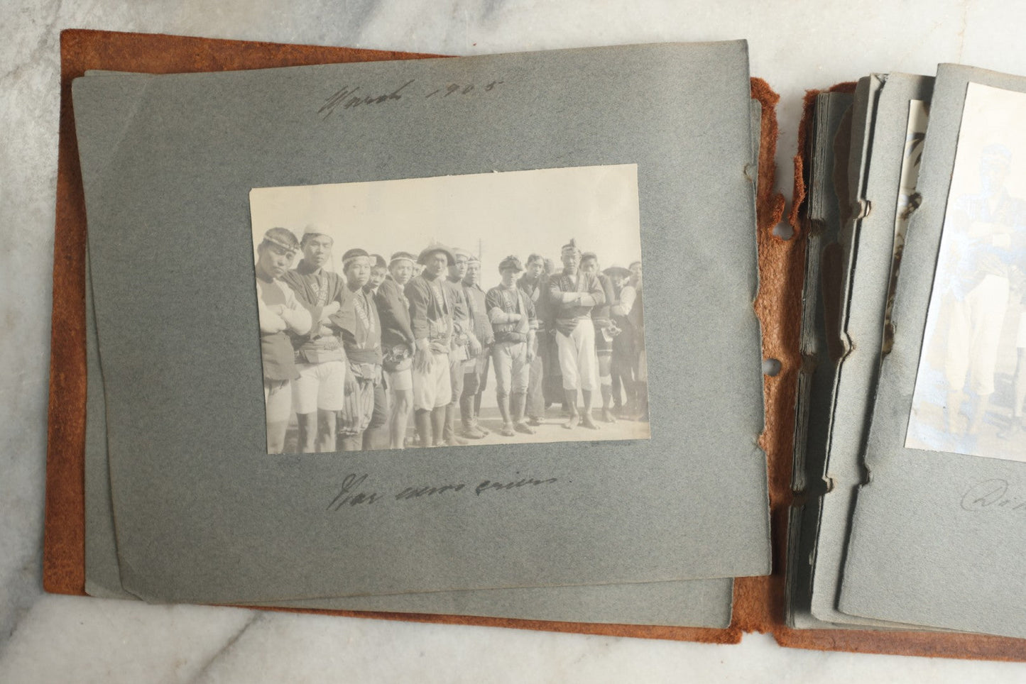 Lot 114 - Antique Snapshot Photo Album With Leather Southwestern Cover, Containing Approximately 50 Photographs With Captions, Mostly Of Travel, Including To Japan, Asia, Photo Of Ship Captain, And More, Circa 1905