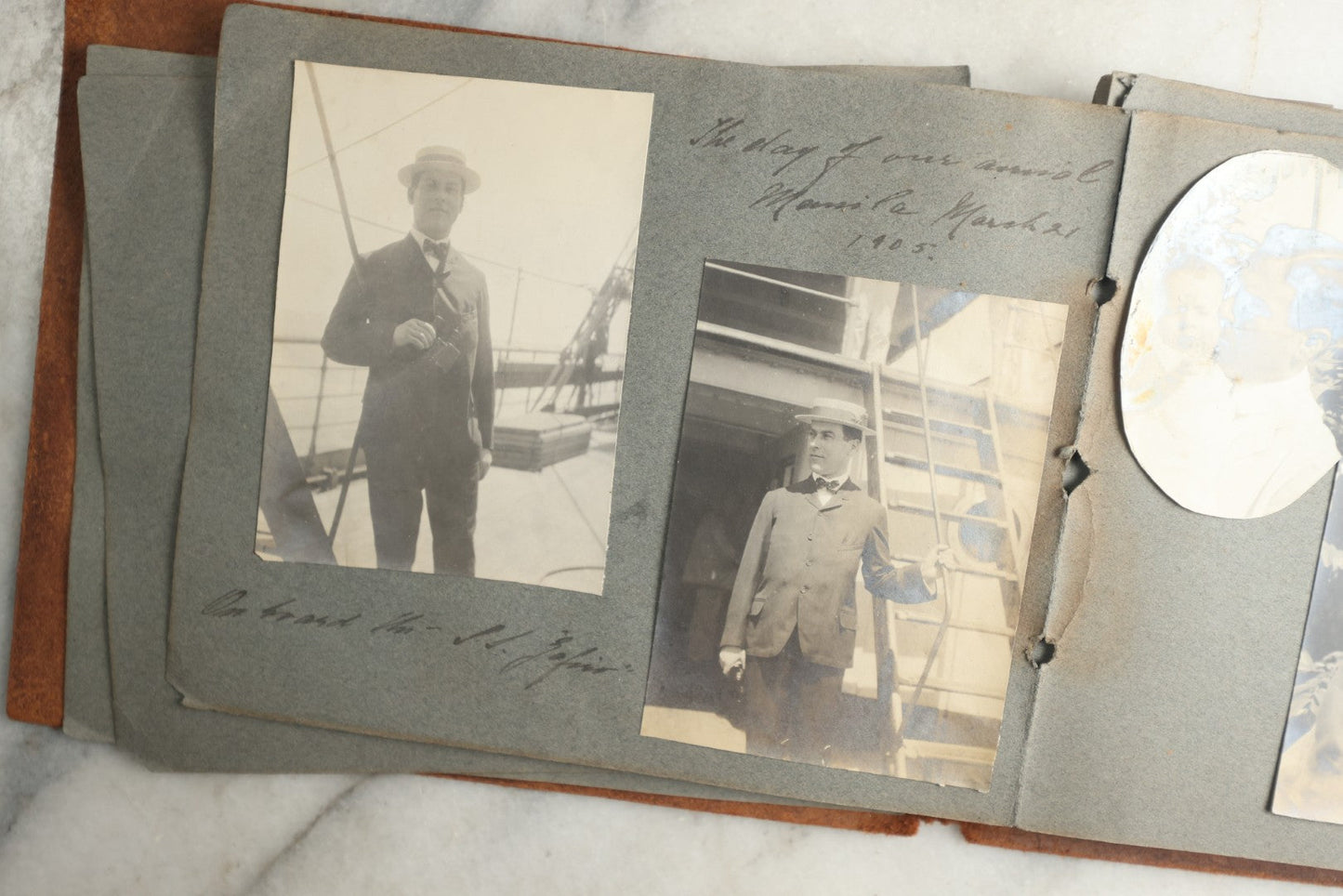 Lot 114 - Antique Snapshot Photo Album With Leather Southwestern Cover, Containing Approximately 50 Photographs With Captions, Mostly Of Travel, Including To Japan, Asia, Photo Of Ship Captain, And More, Circa 1905