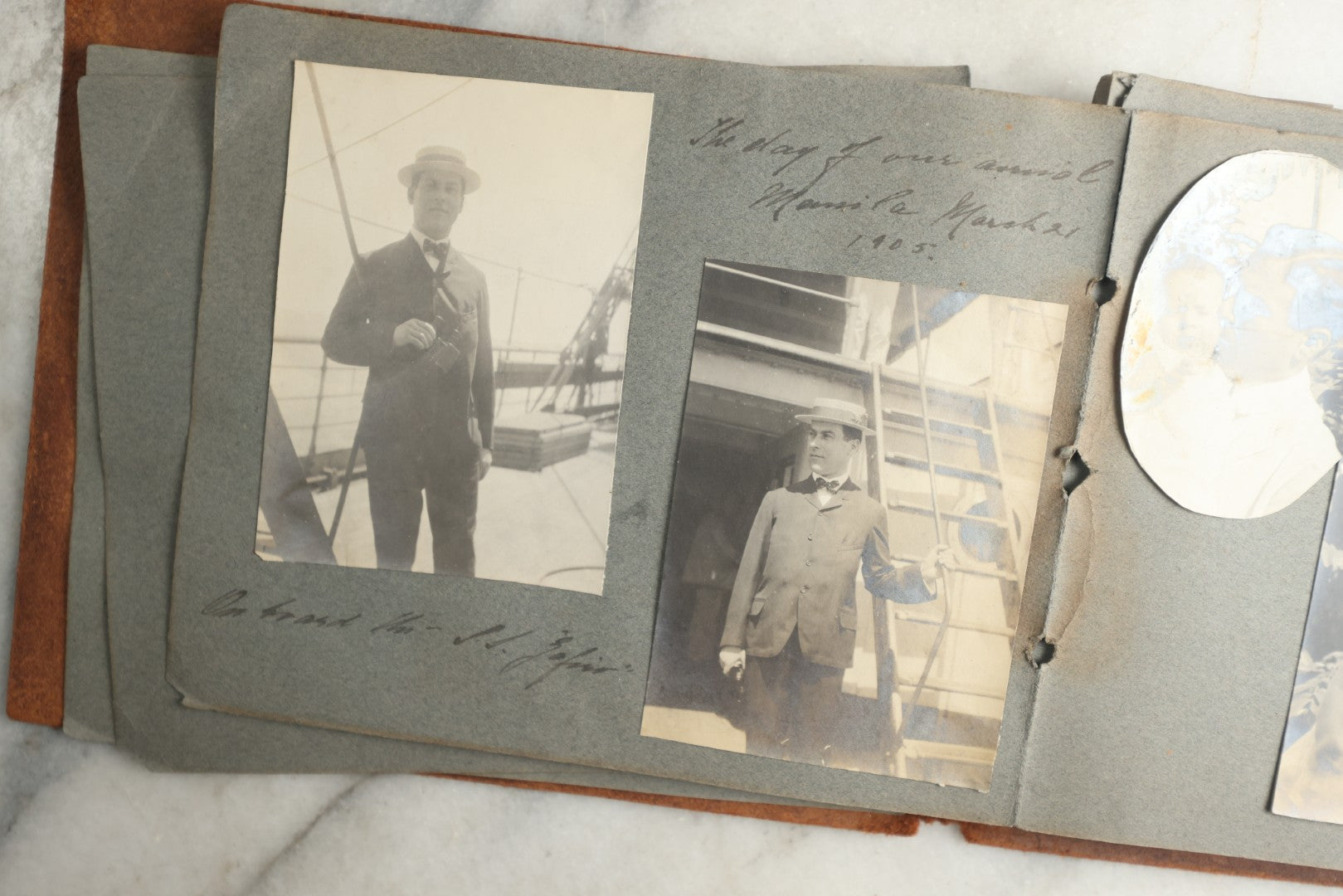 Lot 114 - Antique Snapshot Photo Album With Leather Southwestern Cover, Containing Approximately 50 Photographs With Captions, Mostly Of Travel, Including To Japan, Asia, Photo Of Ship Captain, And More, Circa 1905