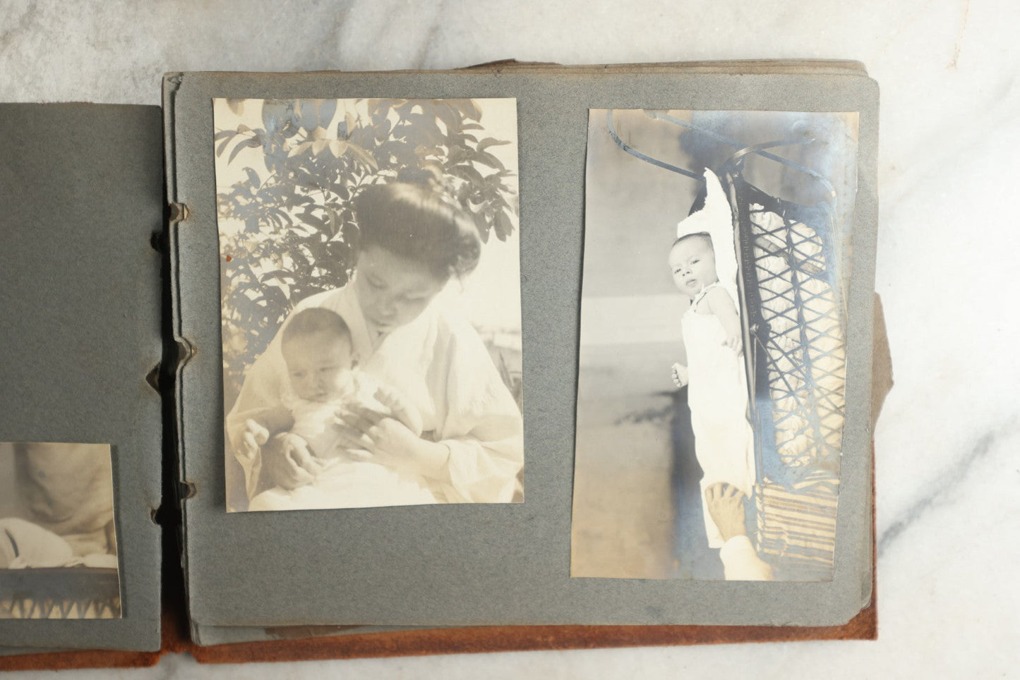 Lot 114 - Antique Snapshot Photo Album With Leather Southwestern Cover, Containing Approximately 50 Photographs With Captions, Mostly Of Travel, Including To Japan, Asia, Photo Of Ship Captain, And More, Circa 1905