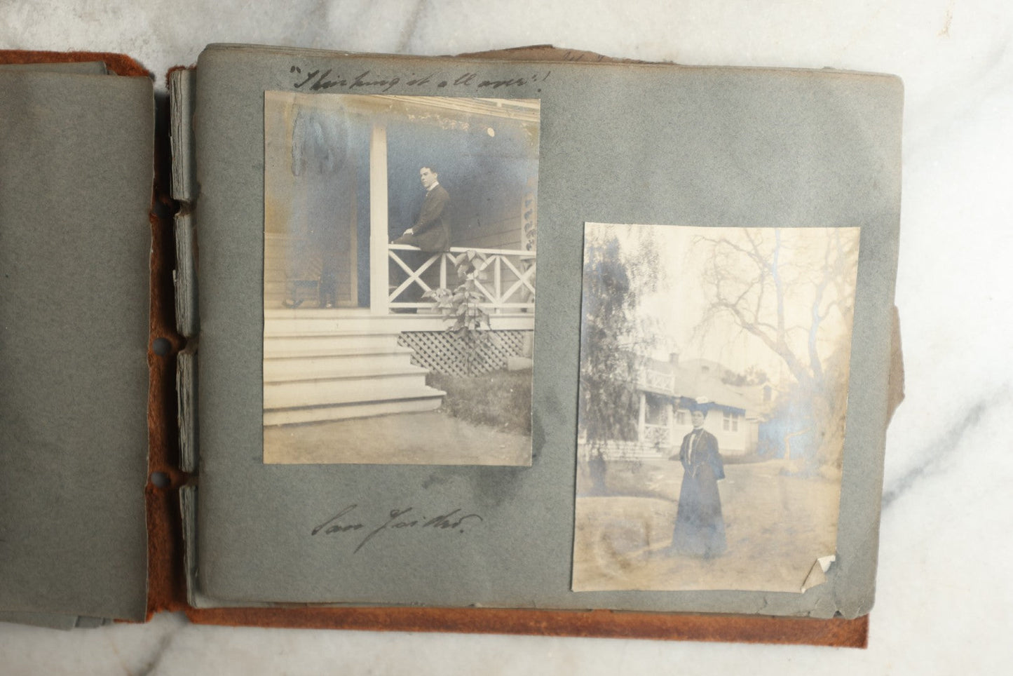 Lot 114 - Antique Snapshot Photo Album With Leather Southwestern Cover, Containing Approximately 50 Photographs With Captions, Mostly Of Travel, Including To Japan, Asia, Photo Of Ship Captain, And More, Circa 1905