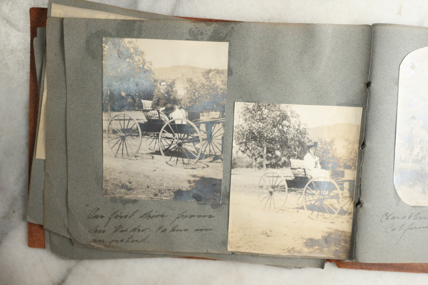 Lot 114 - Antique Snapshot Photo Album With Leather Southwestern Cover, Containing Approximately 50 Photographs With Captions, Mostly Of Travel, Including To Japan, Asia, Photo Of Ship Captain, And More, Circa 1905
