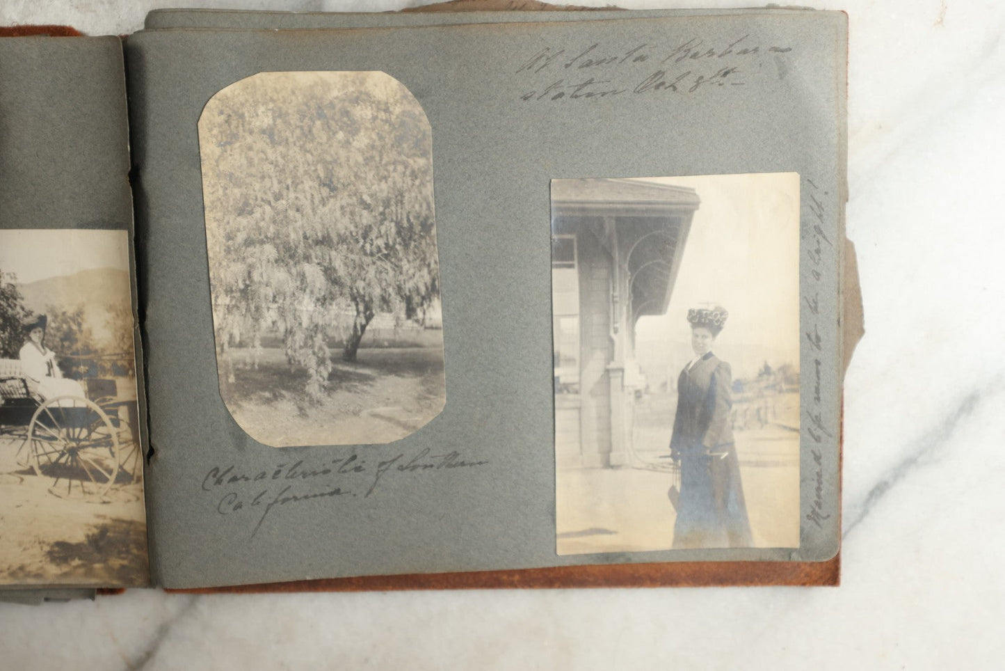 Lot 114 - Antique Snapshot Photo Album With Leather Southwestern Cover, Containing Approximately 50 Photographs With Captions, Mostly Of Travel, Including To Japan, Asia, Photo Of Ship Captain, And More, Circa 1905