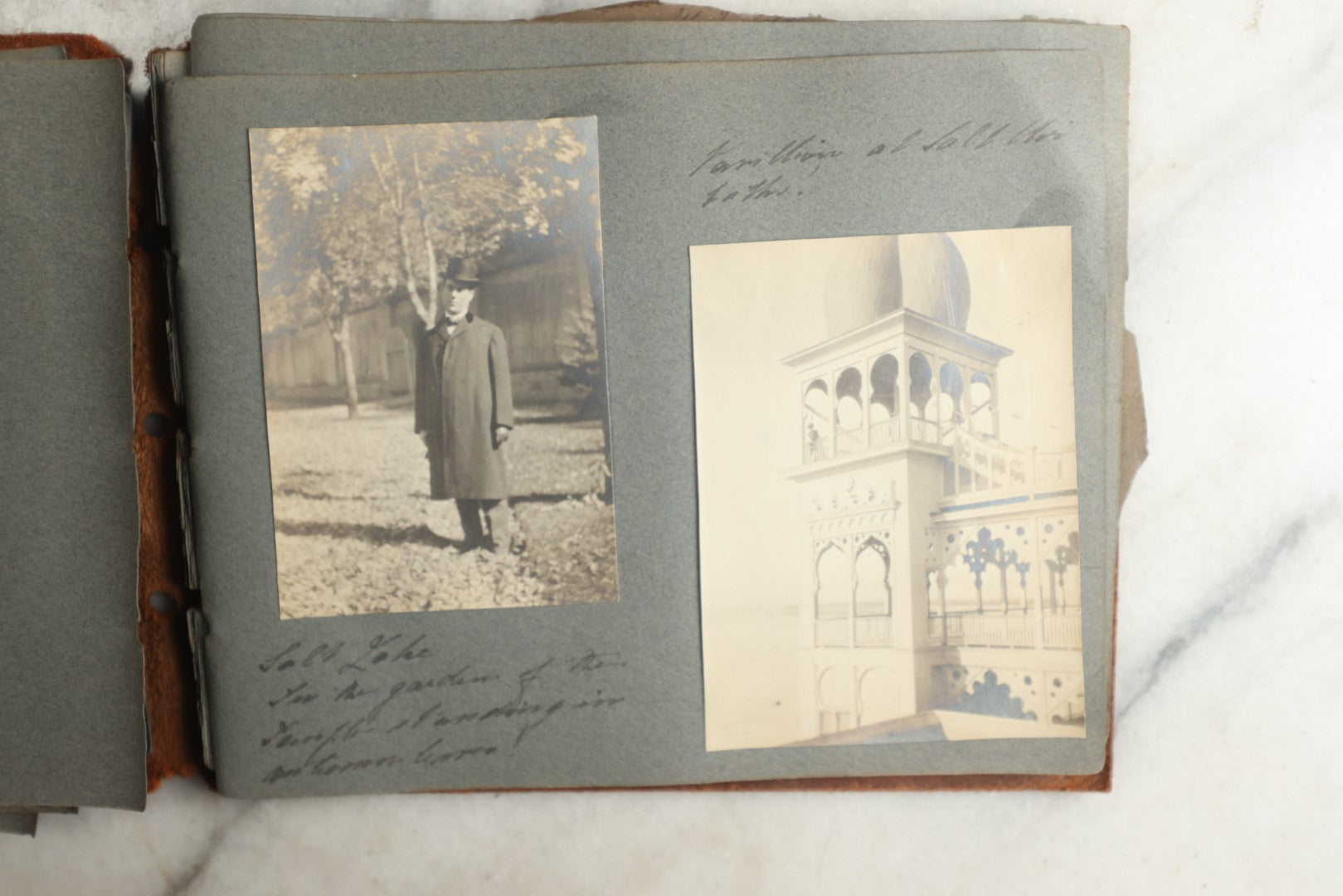 Lot 114 - Antique Snapshot Photo Album With Leather Southwestern Cover, Containing Approximately 50 Photographs With Captions, Mostly Of Travel, Including To Japan, Asia, Photo Of Ship Captain, And More, Circa 1905