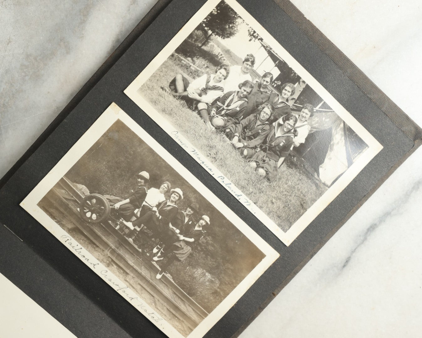 Lot 115 - Antique Snapshot Photo Album With Leather Containing Approximately 75 Photographs With Captions, Mostly Around New Hampshire, White Mountains, Whitehouse Beach, Photos Of People In Early Swimwear, Camping, Lighthouse, And More, Circa 1925