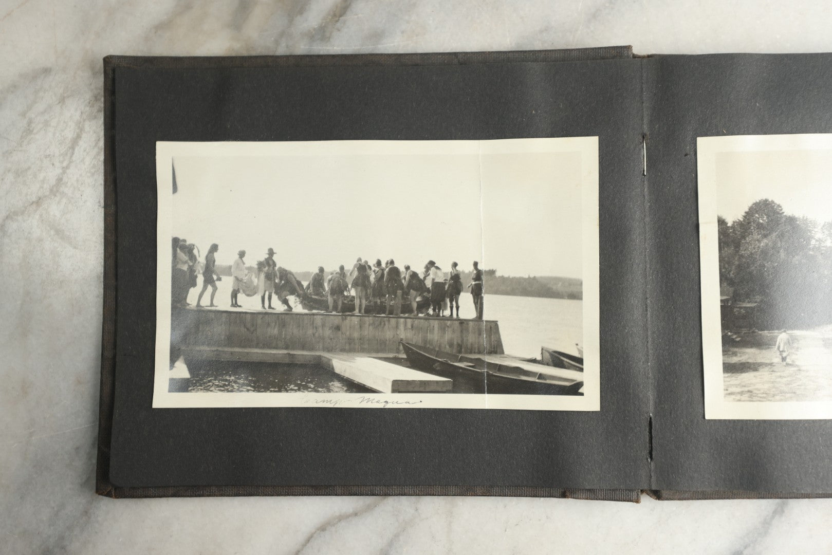 Lot 115 - Antique Snapshot Photo Album With Leather Containing Approximately 75 Photographs With Captions, Mostly Around New Hampshire, White Mountains, Whitehouse Beach, Photos Of People In Early Swimwear, Camping, Lighthouse, And More, Circa 1925