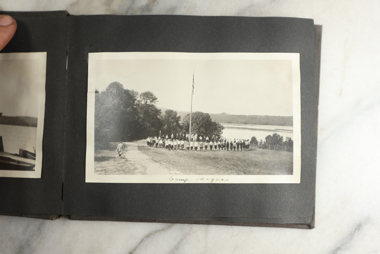Lot 115 - Antique Snapshot Photo Album With Leather Containing Approximately 75 Photographs With Captions, Mostly Around New Hampshire, White Mountains, Whitehouse Beach, Photos Of People In Early Swimwear, Camping, Lighthouse, And More, Circa 1925