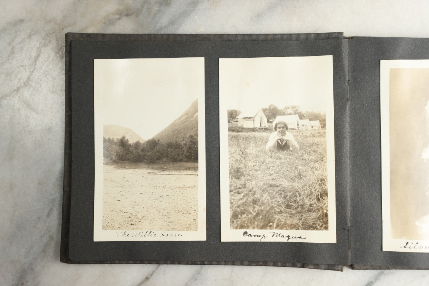Lot 115 - Antique Snapshot Photo Album With Leather Containing Approximately 75 Photographs With Captions, Mostly Around New Hampshire, White Mountains, Whitehouse Beach, Photos Of People In Early Swimwear, Camping, Lighthouse, And More, Circa 1925
