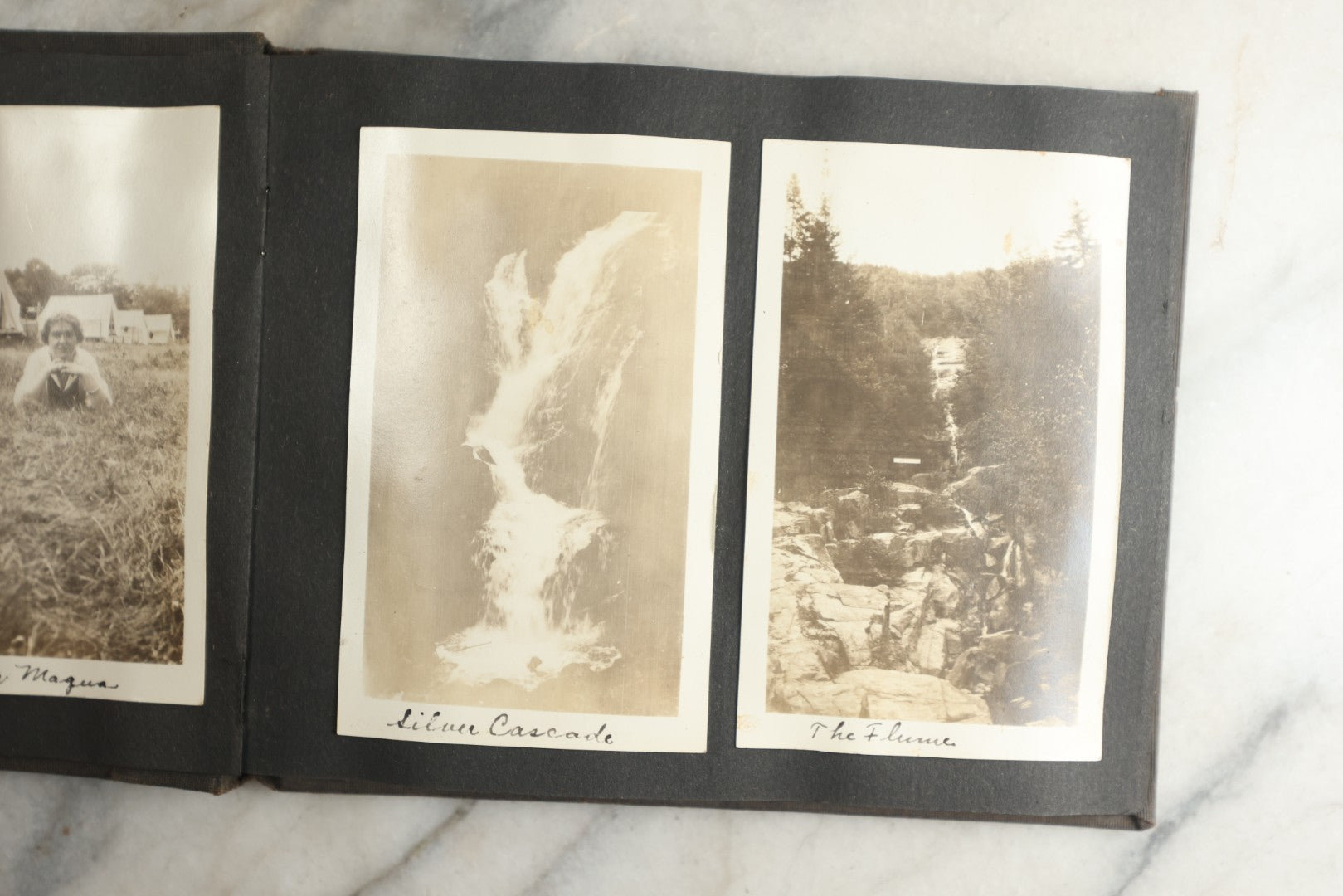 Lot 115 - Antique Snapshot Photo Album With Leather Containing Approximately 75 Photographs With Captions, Mostly Around New Hampshire, White Mountains, Whitehouse Beach, Photos Of People In Early Swimwear, Camping, Lighthouse, And More, Circa 1925