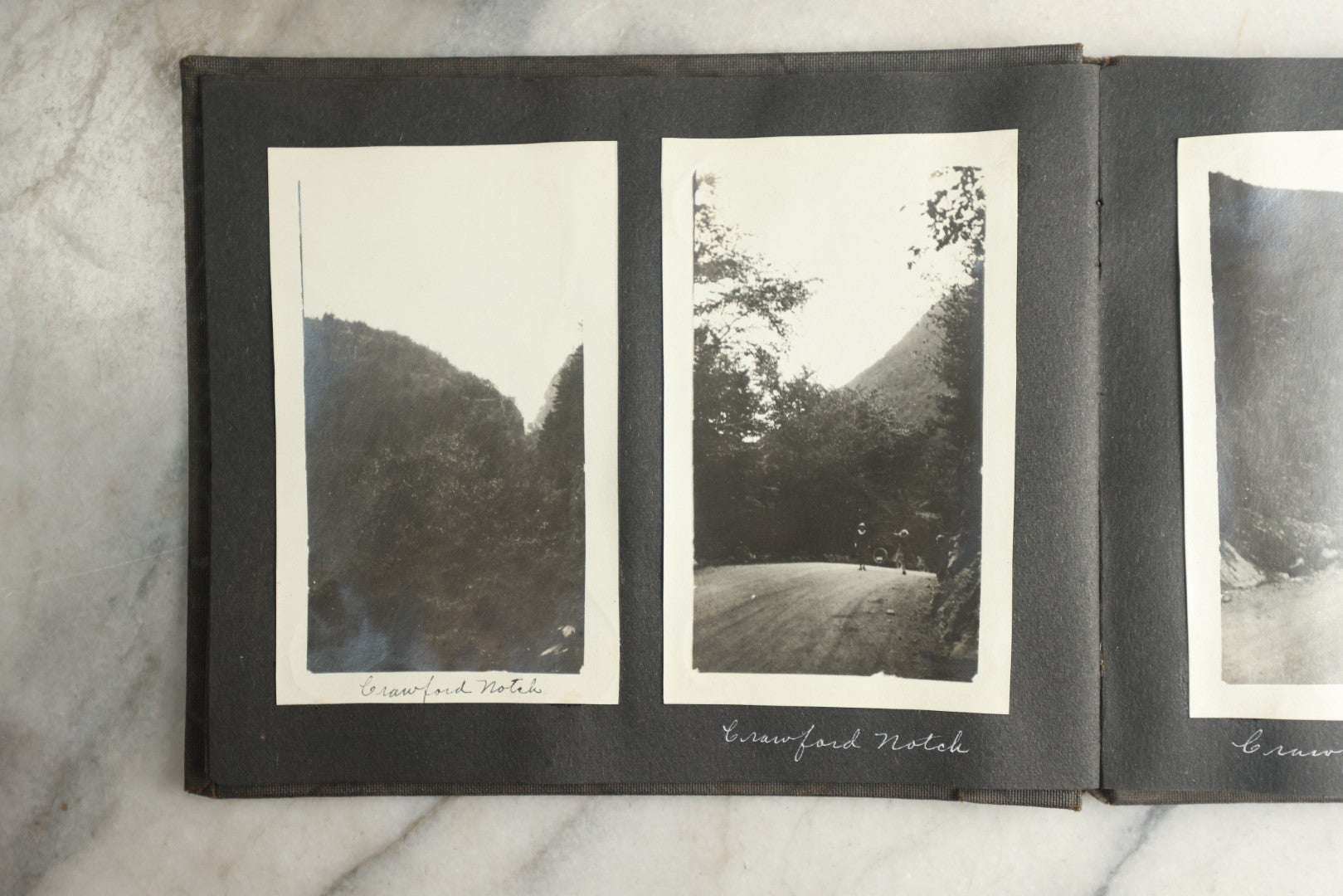 Lot 115 - Antique Snapshot Photo Album With Leather Containing Approximately 75 Photographs With Captions, Mostly Around New Hampshire, White Mountains, Whitehouse Beach, Photos Of People In Early Swimwear, Camping, Lighthouse, And More, Circa 1925