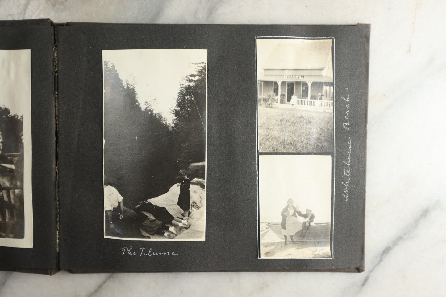 Lot 115 - Antique Snapshot Photo Album With Leather Containing Approximately 75 Photographs With Captions, Mostly Around New Hampshire, White Mountains, Whitehouse Beach, Photos Of People In Early Swimwear, Camping, Lighthouse, And More, Circa 1925