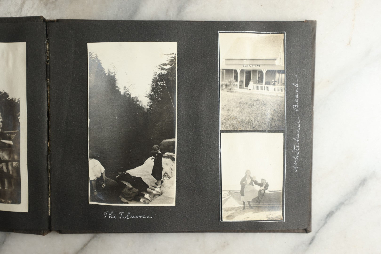 Lot 115 - Antique Snapshot Photo Album With Leather Containing Approximately 75 Photographs With Captions, Mostly Around New Hampshire, White Mountains, Whitehouse Beach, Photos Of People In Early Swimwear, Camping, Lighthouse, And More, Circa 1925