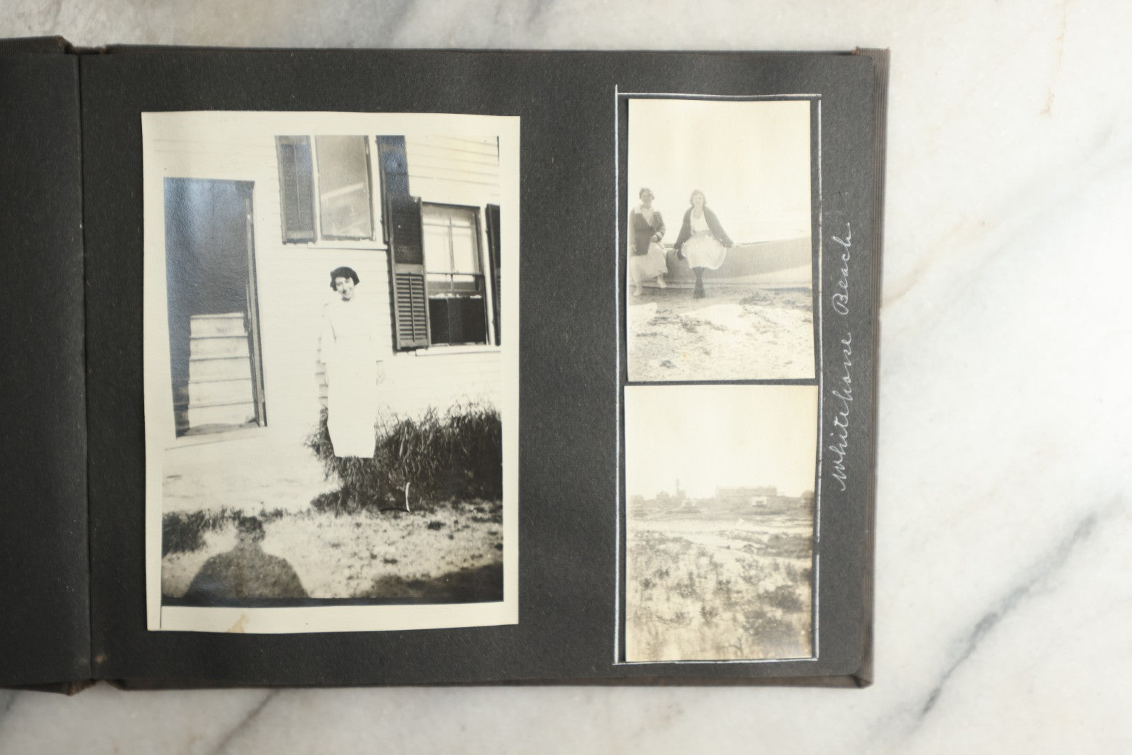Lot 115 - Antique Snapshot Photo Album With Leather Containing Approximately 75 Photographs With Captions, Mostly Around New Hampshire, White Mountains, Whitehouse Beach, Photos Of People In Early Swimwear, Camping, Lighthouse, And More, Circa 1925