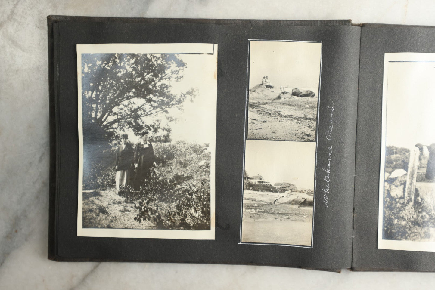 Lot 115 - Antique Snapshot Photo Album With Leather Containing Approximately 75 Photographs With Captions, Mostly Around New Hampshire, White Mountains, Whitehouse Beach, Photos Of People In Early Swimwear, Camping, Lighthouse, And More, Circa 1925