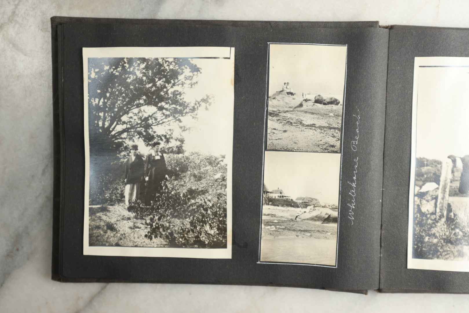 Lot 115 - Antique Snapshot Photo Album With Leather Containing Approximately 75 Photographs With Captions, Mostly Around New Hampshire, White Mountains, Whitehouse Beach, Photos Of People In Early Swimwear, Camping, Lighthouse, And More, Circa 1925