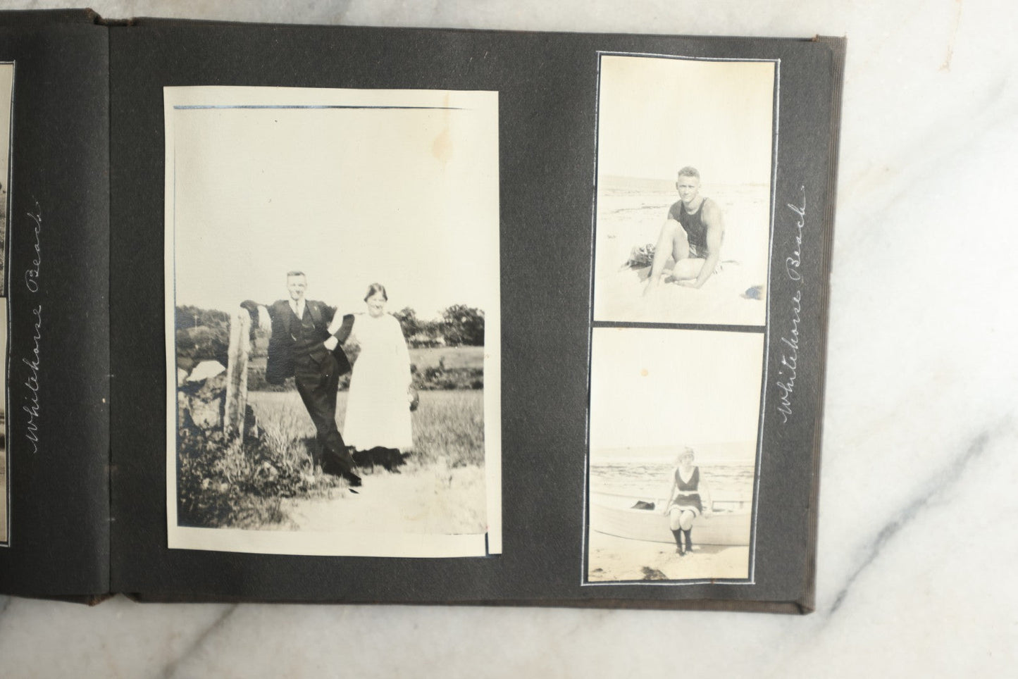 Lot 115 - Antique Snapshot Photo Album With Leather Containing Approximately 75 Photographs With Captions, Mostly Around New Hampshire, White Mountains, Whitehouse Beach, Photos Of People In Early Swimwear, Camping, Lighthouse, And More, Circa 1925